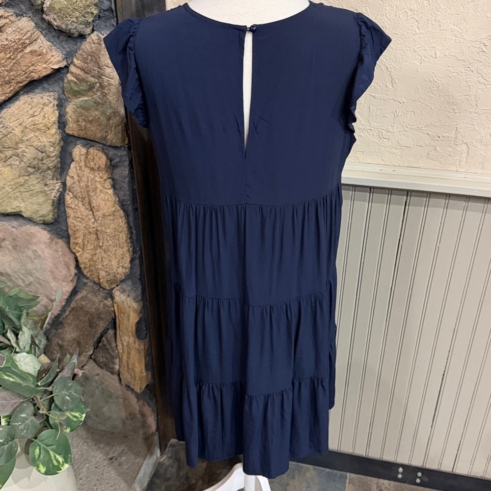 Chic Navy Ruffle Sleeve Dress - Picture 2 of 4